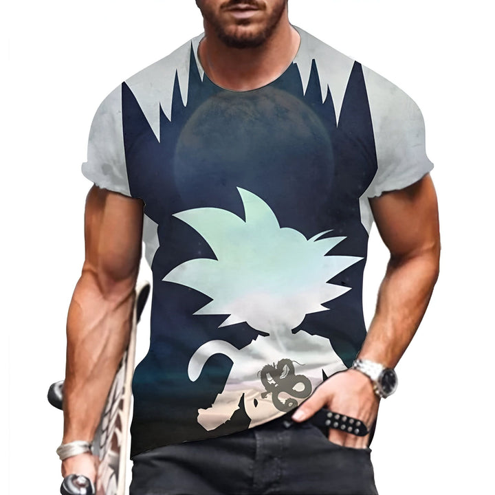 L'image représente un homme portant un t-shirt noir avec un imprimé du personnage de Son Goku de la série animée Dragon Ball Z. Son Goku est représenté de profil, en train de se tenir debout, avec les cheveux bleus et la tenue orange caractéristique de la série. L'arrière-plan de l'image est bleu foncé avec une lune en arrière-plan.,T--9723200694,T--9922338017,T--3674057905,T--8370294146,T--6402690813