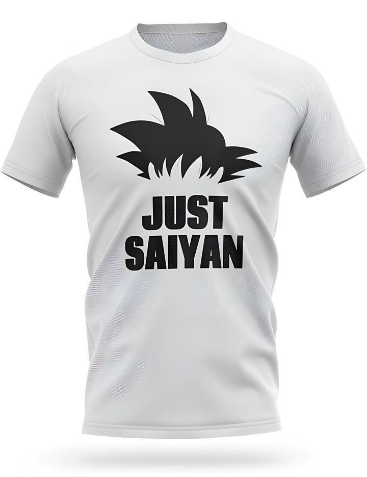Un t-shirt blanc avec le texte "JUST SAIYAN" écrit en noir. Le texte est entouré de l'ombre de la tête de Son Goku, un personnage de la série animée Dragon Ball Z.,T--4982602050,T--4774232181,T--8123109601,T--9287209022,T--4868122851,T--2734148420