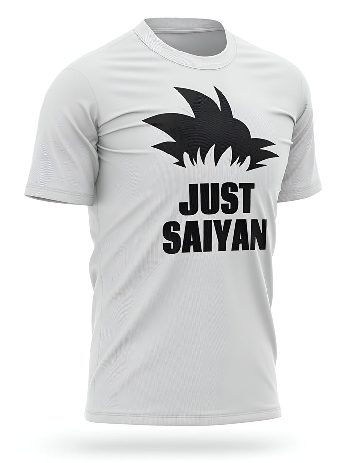 Un t-shirt blanc avec l'image de Son Goku, un personnage de la série animée Dragon Ball Z. Le texte "Just Saiyan" est écrit en noir sur le t-shirt.,T--4982602050,T--4774232181,T--8123109601,T--9287209022,T--4868122851,T--2734148420