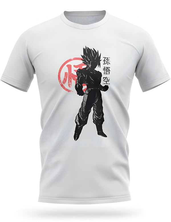 Le t-shirt blanc présente une illustration de Son Goku, un personnage de la série animée japonaise Dragon Ball Z. Il est représenté de face, avec les cheveux hérissés et les poings serrés. Le texte en japonais sur le t-shirt signifie "Dragon Ball Z".,T--8615534829,T--3972856954,T--6369853127,T--8337517956,T--7090746305,T--8292708340