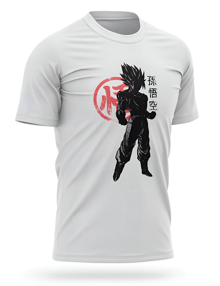 Une image d'un t-shirt blanc avec un motif de Son Goku, un personnage de la série animée Dragon Ball Z. Son Goku est représenté de dos, avec les cheveux hérissés et les poings serrés. Il est entouré d'un cercle rouge avec des kanji japonais.,T--8615534829,T--3972856954,T--6369853127,T--8337517956,T--7090746305,T--8292708340