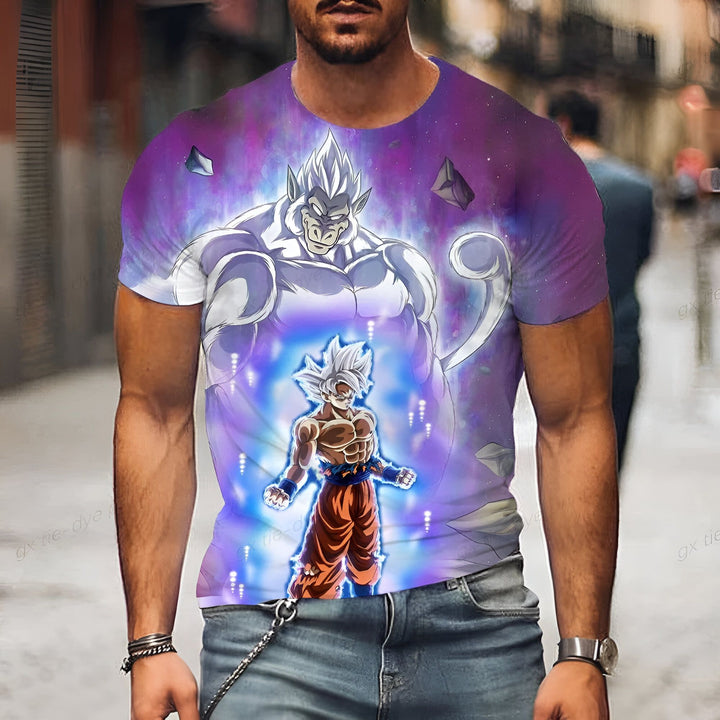 L'image représente un homme portant un t-shirt avec Son Goku, un personnage de la série animée Dragon Ball Z. Son Goku est en train de se battre contre un autre personnage, Vegeta. L'arrière-plan est violet et il y a des éclairs bleus autour des personnages.,T--448458851X,T--4124573618,T--4667145943,T--8476238983,T--5446820177
