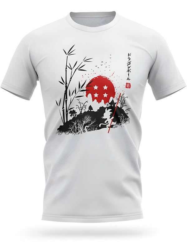 Une image d'un t-shirt blanc avec un motif de Son Goku, un personnage de Dragon Ball Z. Il est représenté en train de courir dans une forêt de bambous. Le t-shirt est disponible en plusieurs tailles et couleurs.,T--3153998760,T--1863659714,T--177411304X,T--4573385193,T--0170220133,T--9306904134,T--7519517632