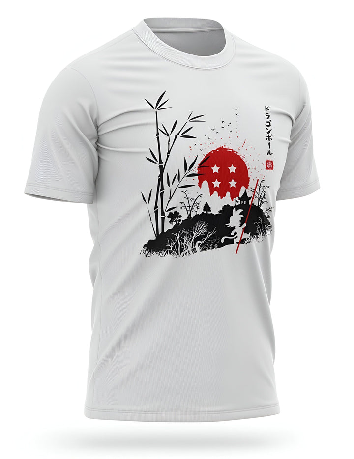 Une image en noir et blanc d'un garçon en train de courir dans une forêt de bambous. Le garçon est vêtu d'un kimono et porte un bâton à la main. Le soleil se couche derrière les arbres et des oiseaux volent dans le ciel. Le texte "Dragon Ball" est écrit en japonais en haut à droite de l'image.,T--3153998760,T--1863659714,T--177411304X,T--4573385193,T--0170220133,T--9306904134,T--7519517632
