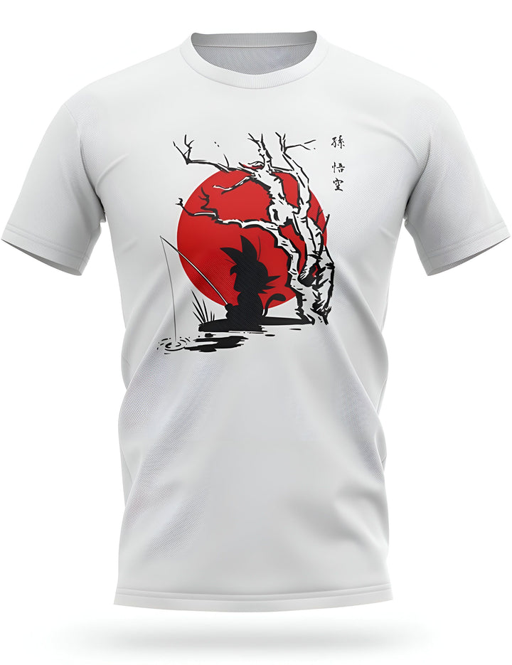 Une image d'un t-shirt blanc avec un motif de Son Goku, un personnage de Dragon Ball Z, en train de pêcher. Le motif est en noir et blanc, avec un soleil rouge en arrière-plan.,T--7609879479,T--6943337475,T--8117842688,T--7899273749,T--7857745537