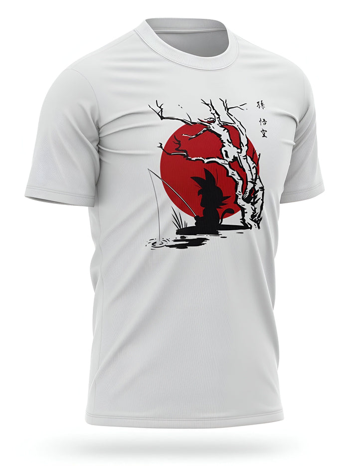 Une image d'un t-shirt blanc avec un motif de Son Goku, un personnage de Dragon Ball Z, en train de pêcher.,T--7609879479,T--6943337475,T--8117842688,T--7899273749,T--7857745537