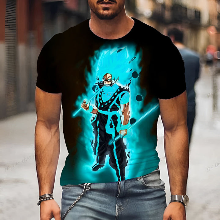 L'image représente un homme portant un t-shirt noir avec un personnage de dessin animé dessus. Le personnage est un homme avec des cheveux bleus et des yeux bleus. Il porte une combinaison noire et bleue. Il est en train de se battre avec deux épées. L'arrière-plan est bleu et il y a des éclairs bleus autour du personnage.,T--8596789359,T--3776713984,T--6069643143,T--982501704X,T--8297010805