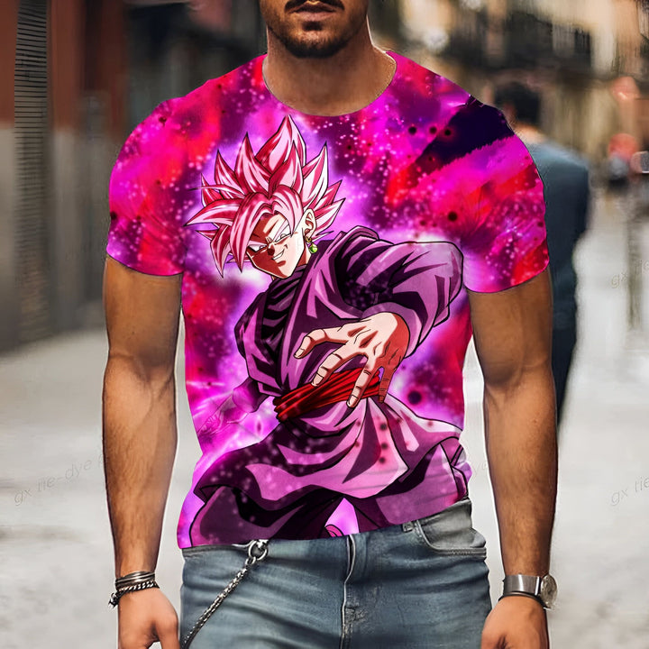 L'image représente un homme portant un t-shirt rose et noir. Le t-shirt représente le personnage de Son Goku, un personnage de la série animée Dragon Ball Z. Son Goku est représenté en train de se battre, avec ses cheveux noirs et roses hérissés.,T--0657623636,T--8393413486,T--9098702325,T--1580323855,T--2337257754