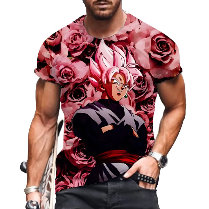 L'image représente un homme portant un t-shirt noir avec une image de Son Goku, un personnage de la série animée Dragon Ball Z. Le t-shirt est également imprimé de roses roses.,T--6300333833,T--7014458248,T--5035055086,T--8566566130,T--9601112855