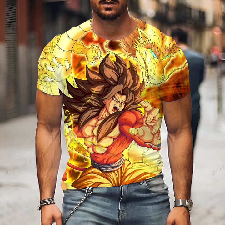 Un homme porte un t-shirt jaune avec un motif de Son Goku, un personnage de la série animée Dragon Ball Z. Son Goku est en train de se battre contre un dragon.,T--9982055860,T--9831806085,T--7587700897,T--7456142394,T--3743954524