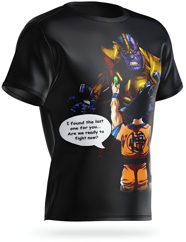 Une image de Son Goku et Thanos. Son Goku est un personnage de la série Dragon Ball Z. Thanos est un personnage de l'univers Marvel. Sur le t-shirt, on peut lire "I found the last one for you... Are we ready to fight now?".,T--3922794343,T--431606830X,T--8678542209,T--6403750550,T--5685515707,T--754474888X,T--908652088X
