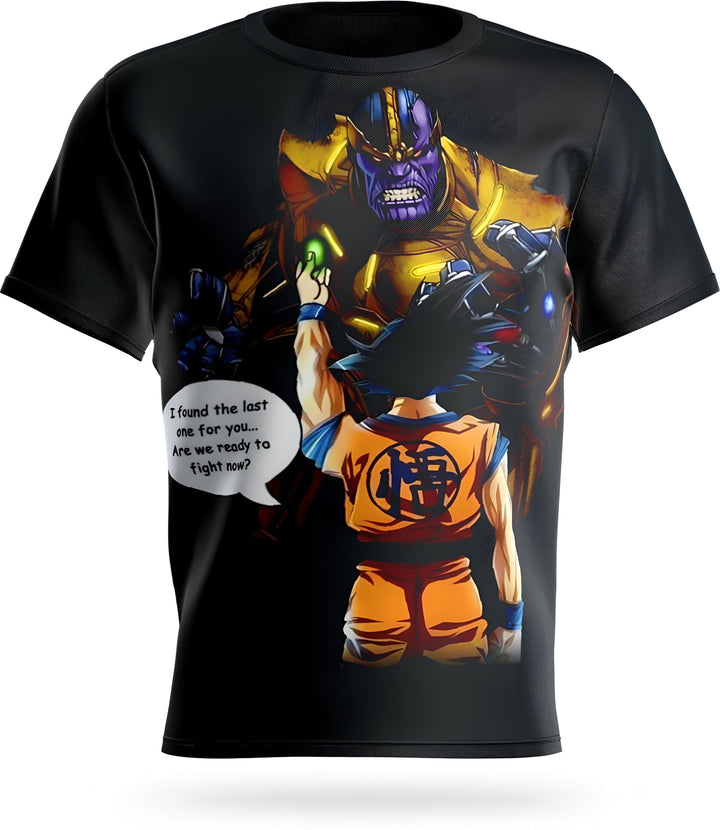 L'image représente un t-shirt noir avec un dessin de Son Goku et Thanos. Son Goku est un personnage de la série Dragon Ball Z et Thanos est un personnage de l'univers Marvel. Sur le t-shirt, Thanos porte l'armure Infinity Gauntlet et il tient la pierre d'âme. Son Goku est en position de combat et il est prêt à se battre contre Thanos.,T--3922794343,T--431606830X,T--8678542209,T--6403750550,T--5685515707,T--754474888X,T--908652088X