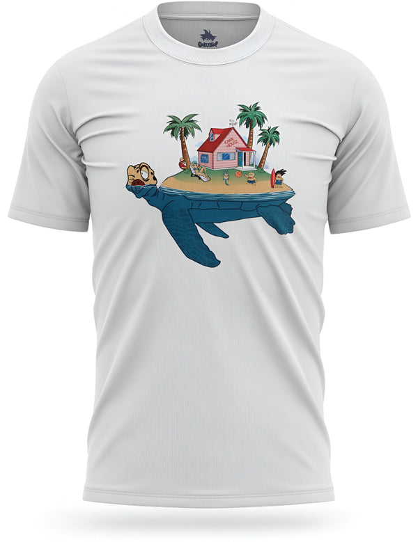 Une image d'un t-shirt blanc avec une illustration de la maison de Tortue Géniale de Dragon Ball. On y voit Tortue Géniale, Goku, Krilin et Bulma.,T--8294091022,T--0574858563,T--6477966492,T--0895659417,T--4922043152,T--7207149905
