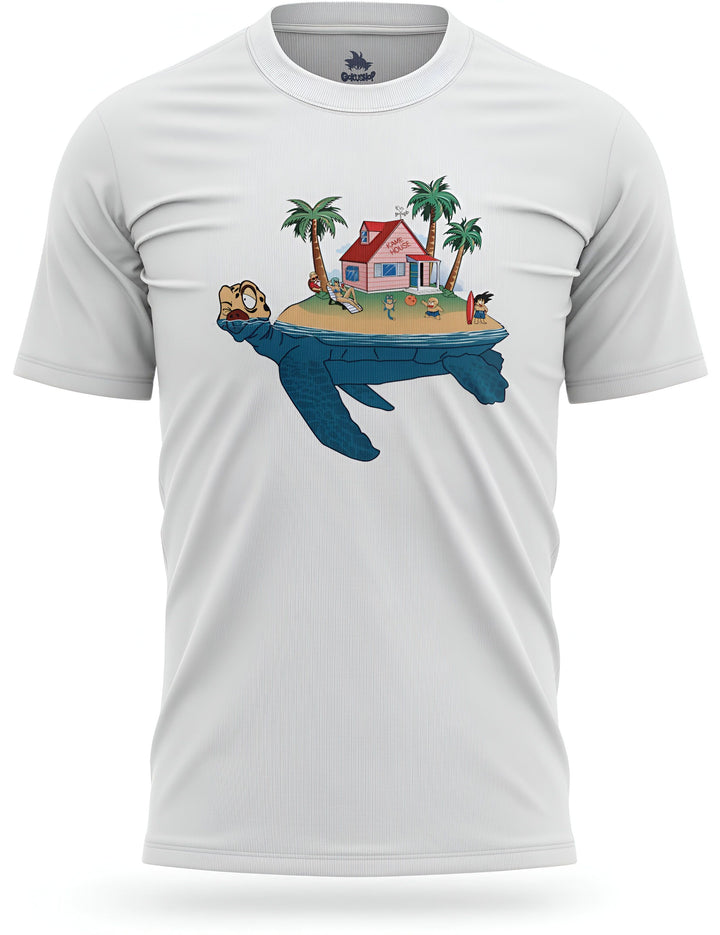Une image d'un t-shirt blanc avec une illustration de la maison de Tortue Géniale de Dragon Ball. On y voit Tortue Géniale, Goku, Krilin et Bulma.,T--8294091022,T--0574858563,T--6477966492,T--0895659417,T--4922043152,T--7207149905