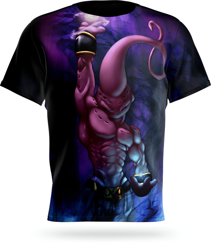 L'image représente un t-shirt noir avec un personnage de dessin animé japonais, Majin Buu, en train de charger une attaque énergétique rose.,T--5977938950,T--0124591124,T--5133071345,T--0984951970,T--377111781X,T--3774989729,T--4004470951,T--8787542420