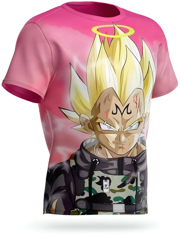 Une image d'un personnage de Dragon Ball Z, Vegeta, portant une auréole et une veste rose.,T--2548811298,T--3590964553,T--5548991094,T--5544659435,T--702378893X,T--0255662416,T--2534255223,T--0036935409