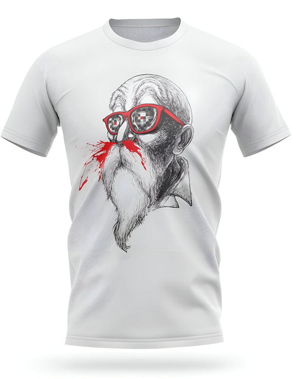 L'image représente un t-shirt blanc avec un dessin d'un vieil homme barbu portant des lunettes de soleil. Le vieil homme a une moustache et une barbe blanches et porte un chapeau rouge. Il a les yeux rouges et la bouche ouverte. Il semble être en colère et crache du sang.,T--6656069509,T--1621793168,T--1029891745,T--0211153699,T--2701821878,T--4067597185