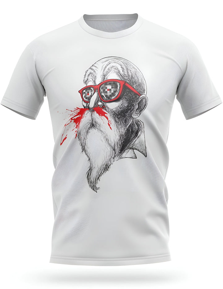 L'image représente un t-shirt blanc avec un dessin d'un vieil homme barbu portant des lunettes de soleil. Le vieil homme a une moustache et une barbe blanches et porte un chapeau rouge. Il a les yeux rouges et la bouche ouverte. Il semble être en colère et crache du sang.,T--6656069509,T--1621793168,T--1029891745,T--0211153699,T--2701821878,T--4067597185