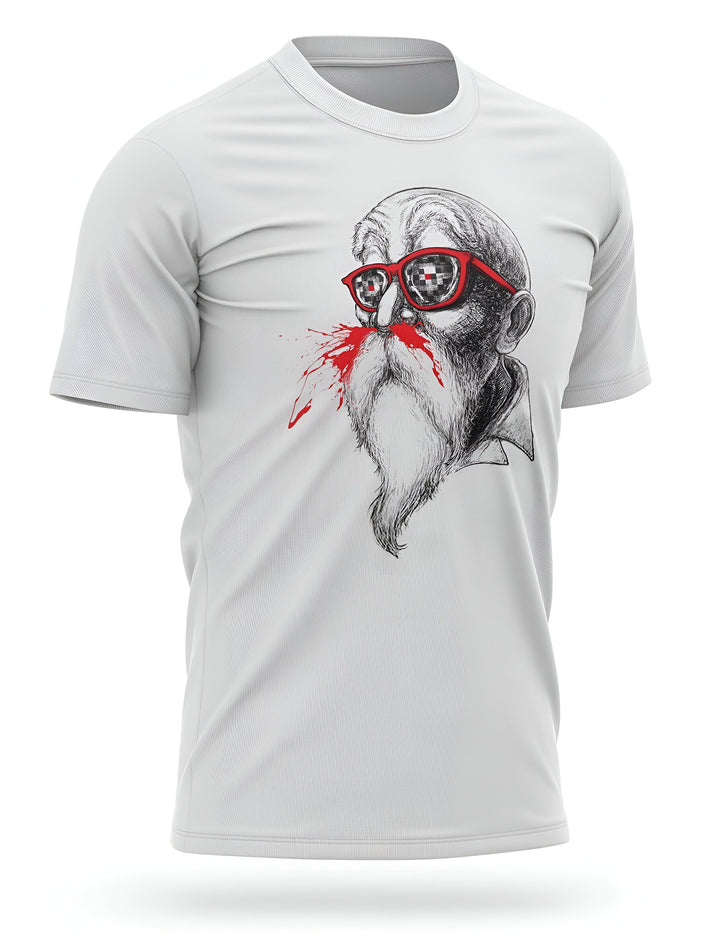 L'image représente un t-shirt blanc avec un dessin d'un vieil homme barbu portant des lunettes rouges. Le vieil homme a le nez qui saigne.,T--6656069509,T--1621793168,T--1029891745,T--0211153699,T--2701821878,T--4067597185