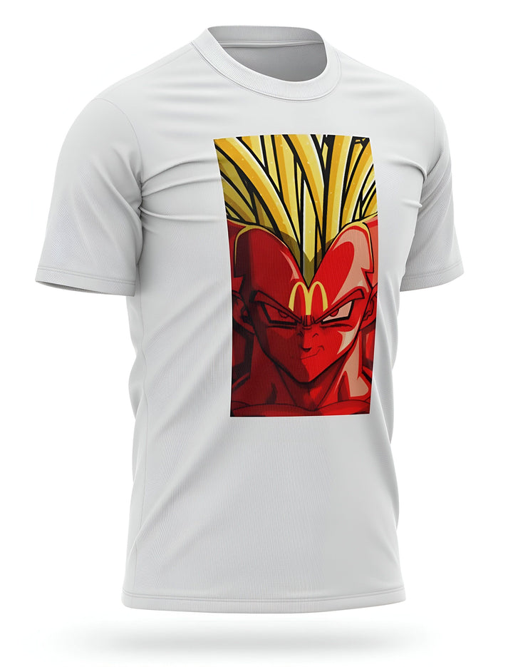 Le t-shirt blanc présente une image de Vegeta, un personnage de la série animée Dragon Ball Z. Vegeta est représenté avec les cheveux jaunes et les yeux rouges. Il porte une combinaison rouge et jaune. Le logo de McDonald's est visible sur son front.,T--058888099X,T--8069876891,T--0270386262,T--3369014904,T--8881782847,T--5599757668