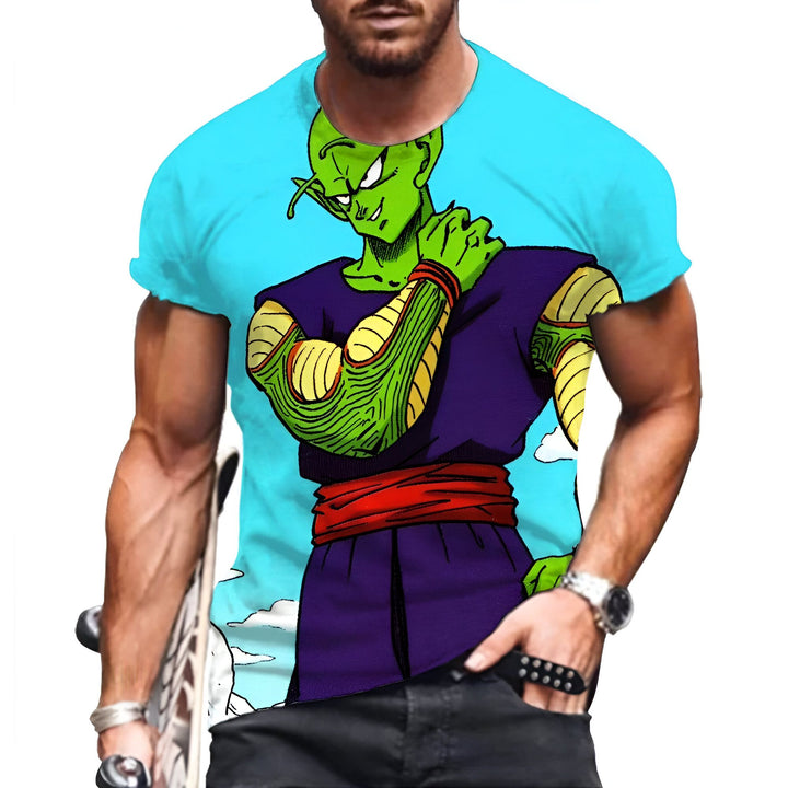 Une image d'un homme portant un t-shirt vert avec un personnage de dessin animé dessus. Le personnage est Piccolo de la série Dragon Ball Z. Il a la peau verte, des cheveux blancs et porte un turban jaune.,T--6901904878,T--0312837429,T--7534036887,T--1932160051,T--3084184534
