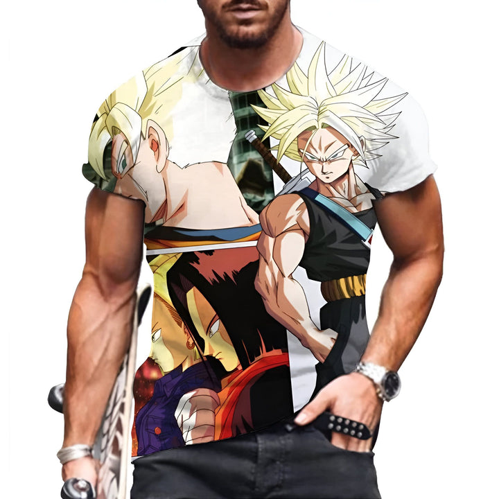 L'image représente un homme portant un t-shirt blanc avec une image de Son Goku, un personnage de la série animée Dragon Ball Z. Son Goku est représenté en train de se battre contre un autre personnage, Vegeta. Le t-shirt est également décoré d'autres personnages de la série, comme Gohan et Trunks.,T--0800376382,T--3140878931,T--9900907094,T--1886967369,T--4347179235