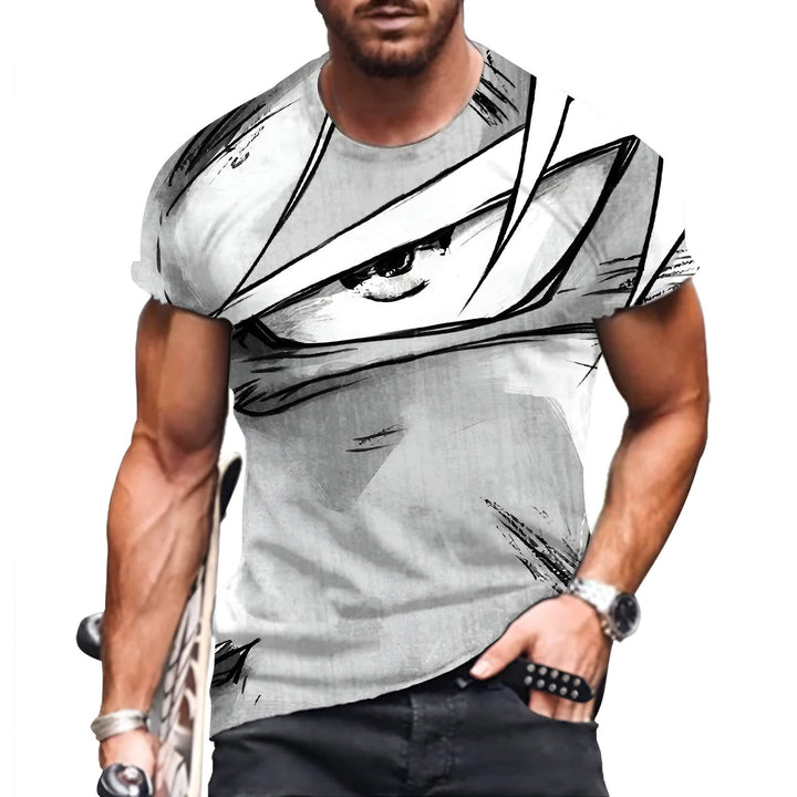 L'image représente un homme portant un t-shirt blanc avec un imprimé d'un personnage de dessin animé. Le personnage est représenté en noir et blanc et semble être en colère. L'homme a une expression sérieuse sur le visage et porte un jean bleu. Il est debout dans une position décontractée et porte une montre à la main gauche.,T--2081424304,T--9921864696,T--8395175655,T--7056697593,T--4479186875