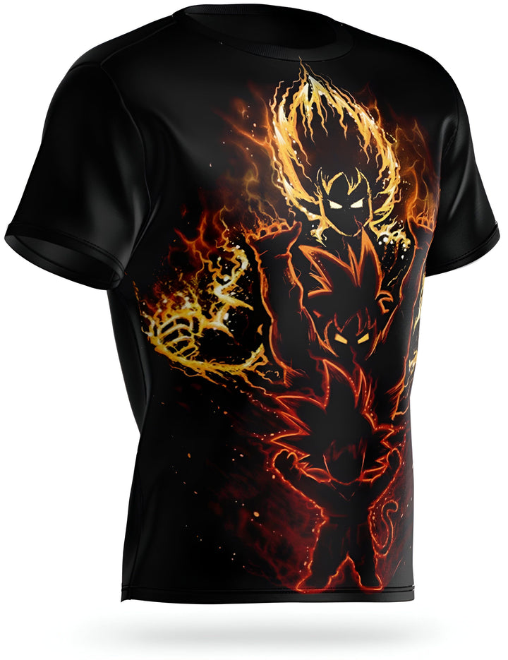 Le t-shirt représente Son Goku, un personnage de la série animée Dragon Ball Z. Il est en train de se battre contre un autre personnage, Vegeta. Le combat se déroule dans un environnement enflammé.,T--1306537088,T--156166426X,T--190625298X,T--5275989032,T--1587684845,T--8657321106