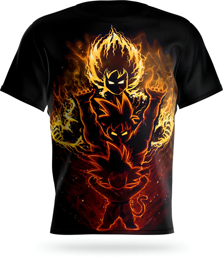 L'image représente un t-shirt noir avec un imprimé de Son Goku et de son fils Gohan. Les deux personnages sont représentés en train de se battre, entourés de flammes.,T--1306537088,T--156166426X,T--190625298X,T--5275989032,T--1587684845,T--8657321106