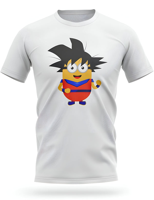 L'image représente un t-shirt blanc avec un personnage de dessin animé dessus. Le personnage est un petit extraterrestre jaune avec des cheveux noirs et des yeux bleus. Il porte une combinaison orange et bleue et une ceinture verte. Il est en train de sourire et de faire un signe de la main.,T--234163057X,T--5961184900,T--7165243240,T--4264672805,T--4447809494,T--1869761006