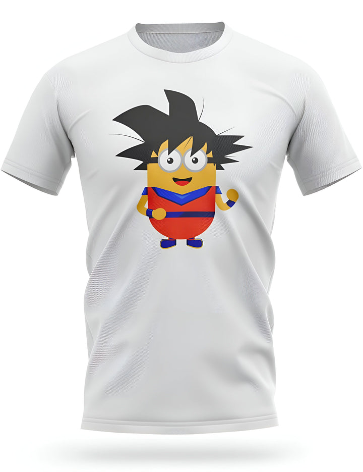 L'image représente un t-shirt blanc avec un personnage de dessin animé dessus. Le personnage est un petit extraterrestre jaune avec des cheveux noirs et des yeux bleus. Il porte une combinaison orange et bleue et une ceinture verte. Il est en train de sourire et de faire un signe de la main.,T--234163057X,T--5961184900,T--7165243240,T--4264672805,T--4447809494,T--1869761006