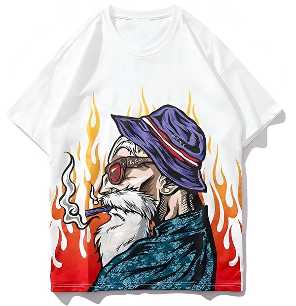 L'image représente un t-shirt blanc avec un motif d'un vieil homme barbu fumant une cigarette. L'homme porte un chapeau violet et des lunettes de soleil. Le motif est entouré de flammes orange et rouges.,T--775829992X,T--3555421719,T--2048966500,T--3449143743,T--8022520233,T--1175404799,T--0995553912,T--5167257352,T--8048555034,T--9651974060,T--113284469X,T--9029904798