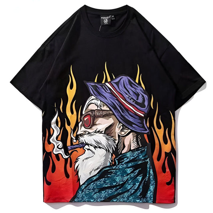 L'image représente un t-shirt noir avec un motif d'un vieil homme barbu fumant une cigarette. L'arrière-plan est constitué de flammes orange et rouges.,T--775829992X,T--3555421719,T--2048966500,T--3449143743,T--8022520233,T--1175404799,T--0995553912,T--5167257352,T--8048555034,T--9651974060,T--113284469X,T--9029904798