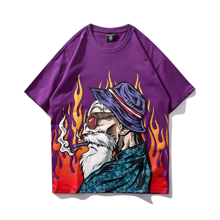 Un t-shirt violet avec une image d'un vieil homme barbu fumant une pipe. L'homme porte un chapeau et des lunettes de soleil. L'arrière-plan est orange et jaune.,T--775829992X,T--3555421719,T--2048966500,T--3449143743,T--8022520233,T--1175404799,T--0995553912,T--5167257352,T--8048555034,T--9651974060,T--113284469X,T--9029904798