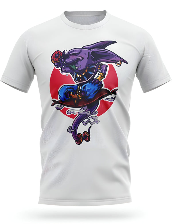 L'image représente un chat violet avec des ailes de chauve-souris, portant un fez et assis sur un tapis volant. Il tient un beignet dans sa main droite et a l'air heureux. Le chat est entouré d'un cercle rouge et de fumée.,T--9549630935,T--4561093613,T--7530196367,T--9423620078,T--5450060483,T--6952811729