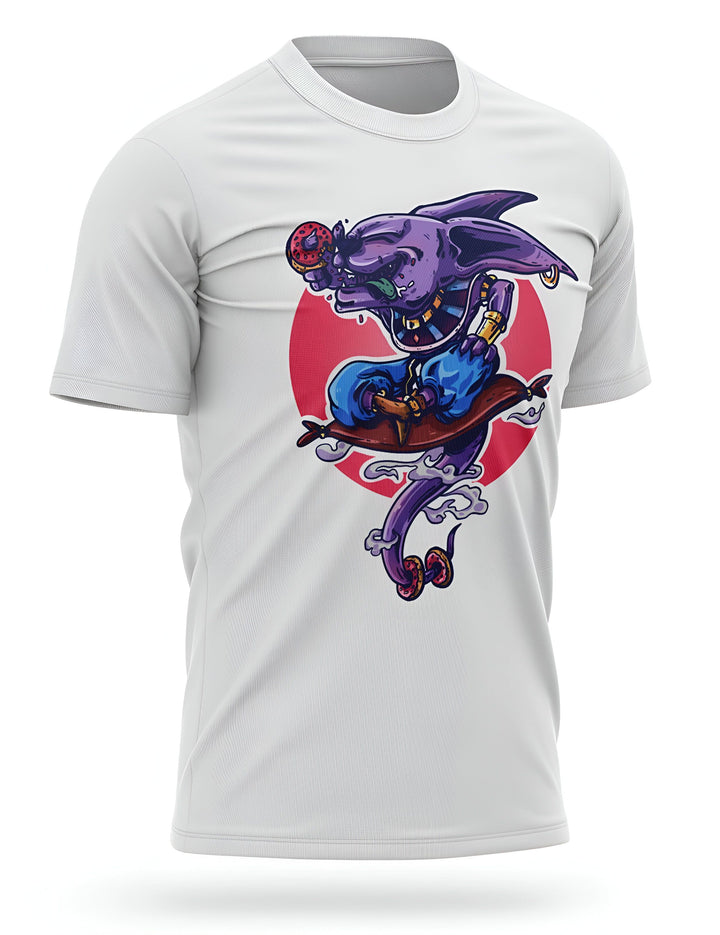 L'image représente un t-shirt blanc avec une illustration d'un personnage de dessin animé. Le personnage est un chat violet avec des ailes et une queue. Il est assis sur un tapis volant et mange un donut. Le t-shirt est disponible en plusieurs tailles et couleurs.,T--9549630935,T--4561093613,T--7530196367,T--9423620078,T--5450060483,T--6952811729