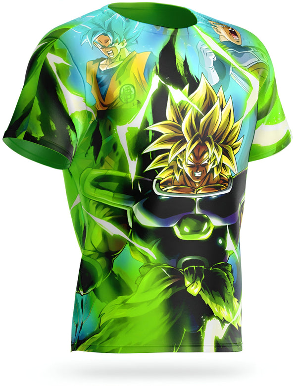 Le t-shirt présente un personnage de la série animée Dragon Ball Z, Broly. Il est vêtu d'une combinaison verte et jaune et a les cheveux jaunes. Il est entouré d'éclairs verts et a l'air très en colère.,T--2214393331,T--4040455460,T--3230945026,T--9261121128,T--8360677158,T--571968803X,T--3676970896,T--2153266920