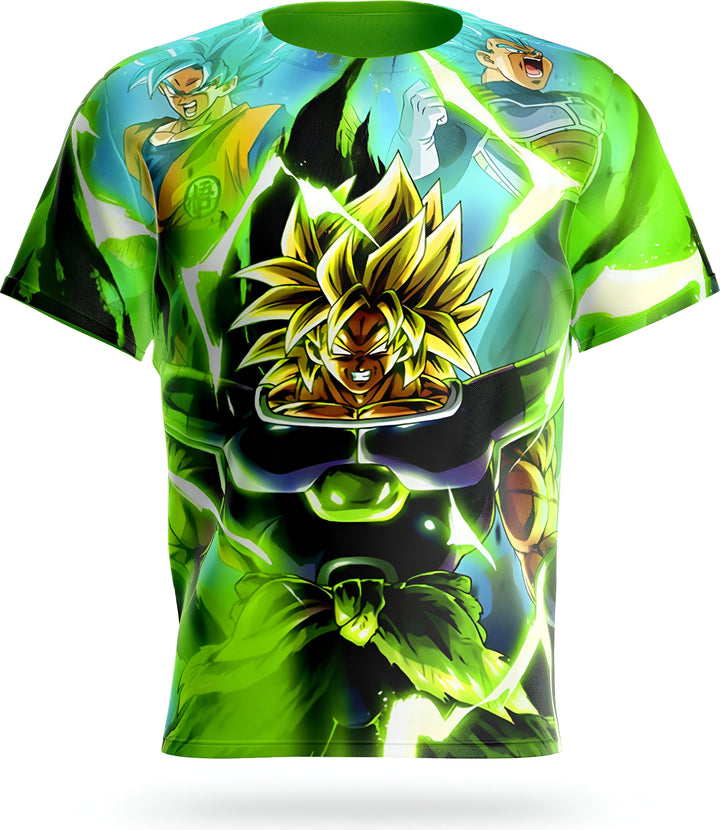 Le t-shirt présente un personnage de la série animée Dragon Ball Z, Broly, dans une combinaison verte et jaune. Il est entouré d'éclairs verts et de fumée verte.,T--2214393331,T--4040455460,T--3230945026,T--9261121128,T--8360677158,T--571968803X,T--3676970896,T--2153266920