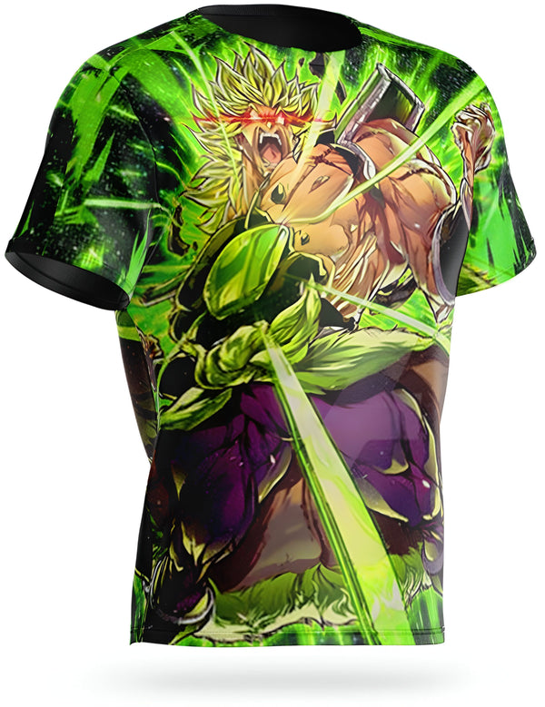 Le t-shirt représente Broly, un personnage de Dragon Ball Z. Il est vêtu d'une armure verte et violette et a les cheveux jaunes. Il est en train de se battre contre un adversaire invisible. Le fond est vert et noir.,T--1886559279,T--0894825895,T--4962619195,T--7364076034,T--3244974236,T--7401566443,T--9483113091,T--8887324670