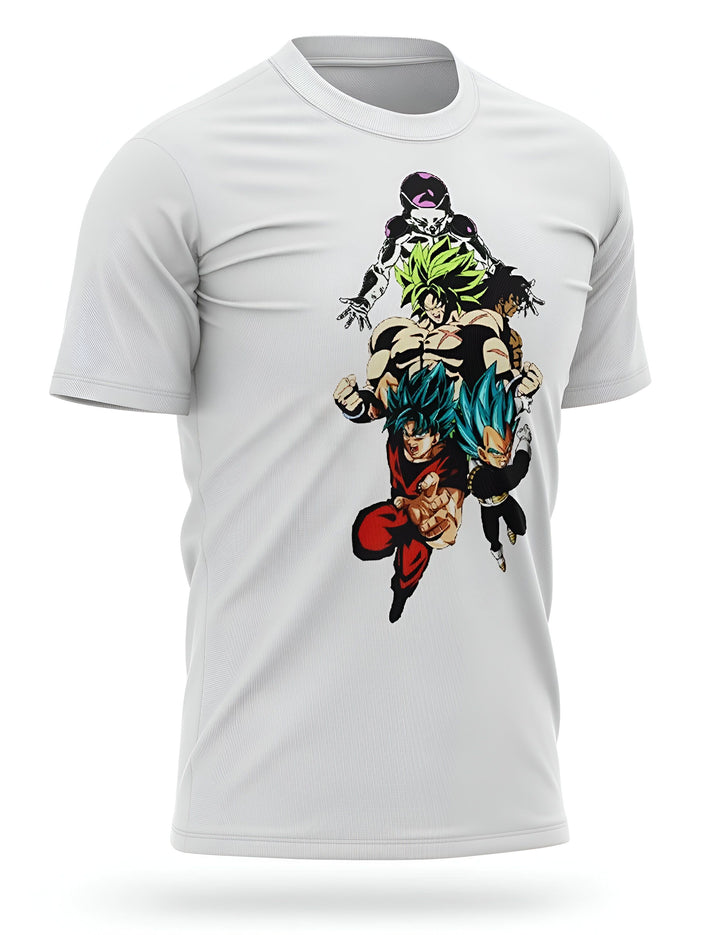 Le t-shirt blanc représente les personnages de la série animée Dragon Ball Z. On peut y voir Goku, Vegeta, Broly et Freezer.,T--6944998920,T--2807722628,T--8136669902,T--7380106449,T--9389419573,T--0358357985