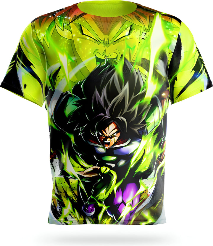 Le t-shirt présente un personnage de la série animée Dragon Ball Z, Broly, en train de se transformer en Super Saiyan. Il est entouré d'une aura verte et jaune et porte une combinaison de combat verte et noire.,T--9848288635,T--7886328558,T--0985506008,T--7665826814,T--2864652668,T--2319863796,T--5381452969,T--0719634865