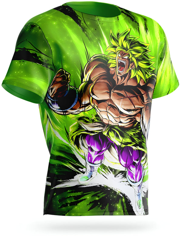 Le t-shirt présente Broly, un personnage de Dragon Ball Z, en train de se mettre en colère. Il est entouré d'une aura verte et violette.,T--5815993735,T--3043038142,T--1457466686,T--0517864797,T--2996682882,T--6991615420,T--2317857411,T--7572536808
