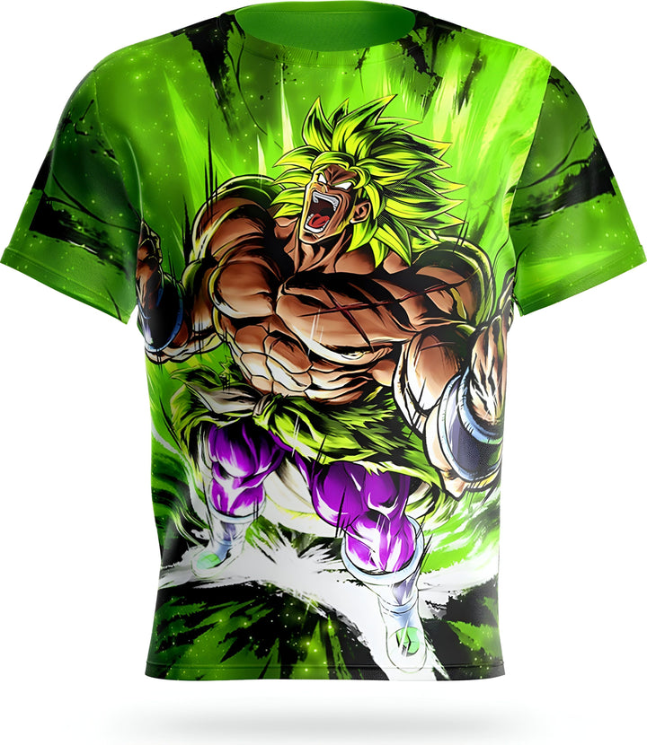 L'image représente un t-shirt vert avec un personnage de dessin animé japonais, Broly, en train de crier. Il est entouré d'une aura verte et violette.,T--5815993735,T--3043038142,T--1457466686,T--0517864797,T--2996682882,T--6991615420,T--2317857411,T--7572536808