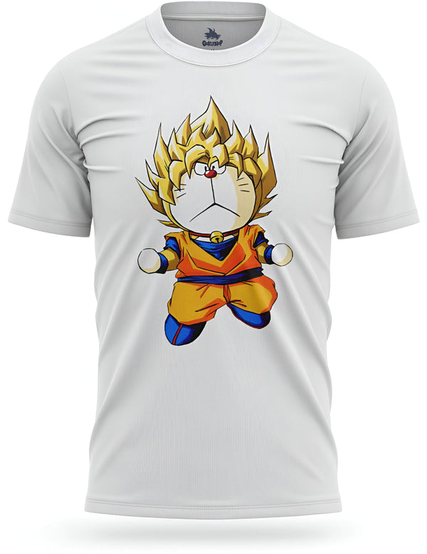 L'image représente un t-shirt blanc avec un personnage de dessin animé dessus. Le personnage est un chat jaune avec des cheveux jaunes et bleus. Il porte une combinaison orange et bleue.,T--6132331492,T--860827910X,T--3164897634,T--0053458397,T--5618886928,T--7613305031,T--3781867447