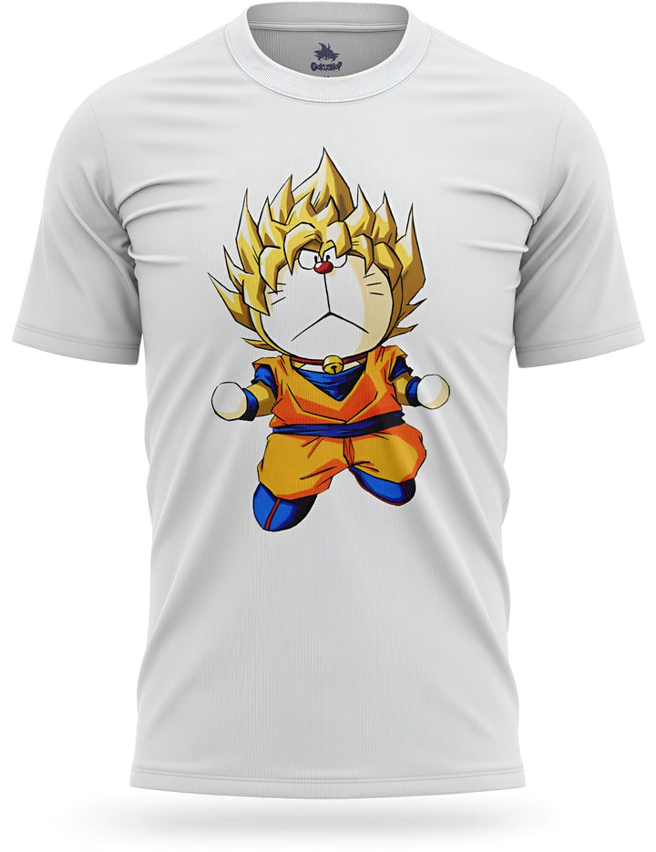 L'image représente un t-shirt blanc avec un personnage de dessin animé dessus. Le personnage est un chat jaune avec des cheveux jaunes et bleus. Il porte une combinaison orange et bleue.,T--6132331492,T--860827910X,T--3164897634,T--0053458397,T--5618886928,T--7613305031,T--3781867447