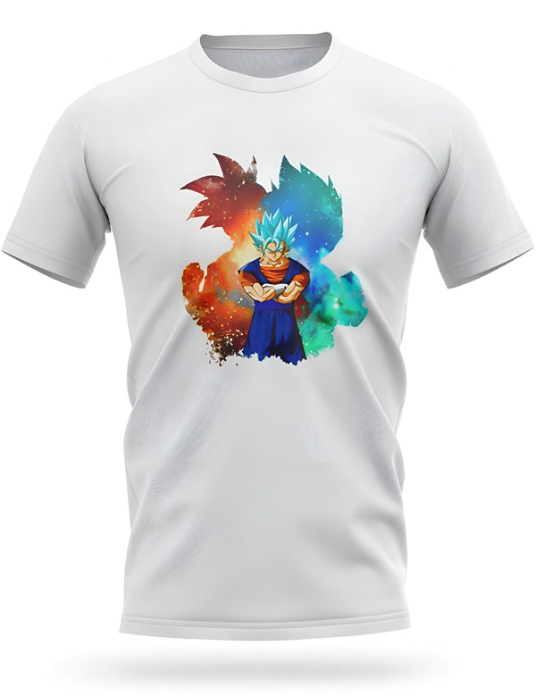 Le t-shirt blanc représente Son Goku, un personnage de la série animée Dragon Ball Z. Il est vêtu de sa combinaison de combat orange et bleue et est entouré d'un fond coloré représentant l'espace.,T--1280623020,T--5112206640,T--8330584909,T--8547691499,T--1526166143,T--7105184817