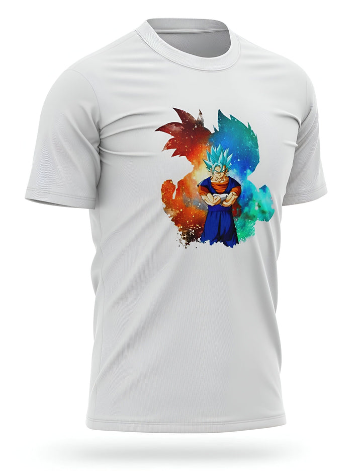 Le t-shirt blanc représente Vegeta et Goku, deux personnages de la série animée Dragon Ball Z. Vegeta est un prince Saiyan et Goku est un Saiyan élevé sur Terre. Les deux personnages sont représentés en train de se battre dans un fond coloré.,T--1280623020,T--5112206640,T--8330584909,T--8547691499,T--1526166143,T--7105184817