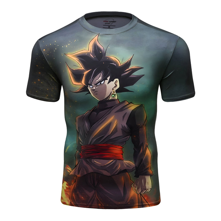 Une image d'un t-shirt noir avec un personnage de l'anime Dragon Ball Z, Black Goku. Il est vêtu d'une combinaison noire et rouge avec une ceinture rouge. Il a les cheveux noirs et les yeux verts. Il est entouré de flammes.,T--3515340157,T--7889069154,T--0252917928,T--2932132938