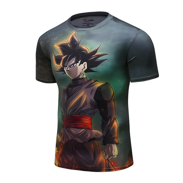 L'image représente un t-shirt noir avec un imprimé du personnage de Son Goku, un personnage de la série animée Dragon Ball Z. Son Goku est représenté avec ses cheveux noirs et ses yeux verts, et il porte une combinaison noire et rouge. Le t-shirt est disponible en plusieurs tailles.,T--3515340157,T--7889069154,T--0252917928,T--2932132938