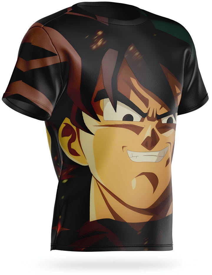 L'image représente un t-shirt noir avec un imprimé du personnage de Son Goku, un personnage de la série animée Dragon Ball Z. Son Goku est un Saiyan, une race extraterrestre connue pour sa force et ses pouvoirs de combat. Il est le protagoniste principal de la série et se bat pour protéger la Terre des méchants.,T--7164114056,T--3410696350,T--0578553791,T--5558959142,T--5815312665,T--9551248880,T--8752681114,T--460184729X,T--8572518231